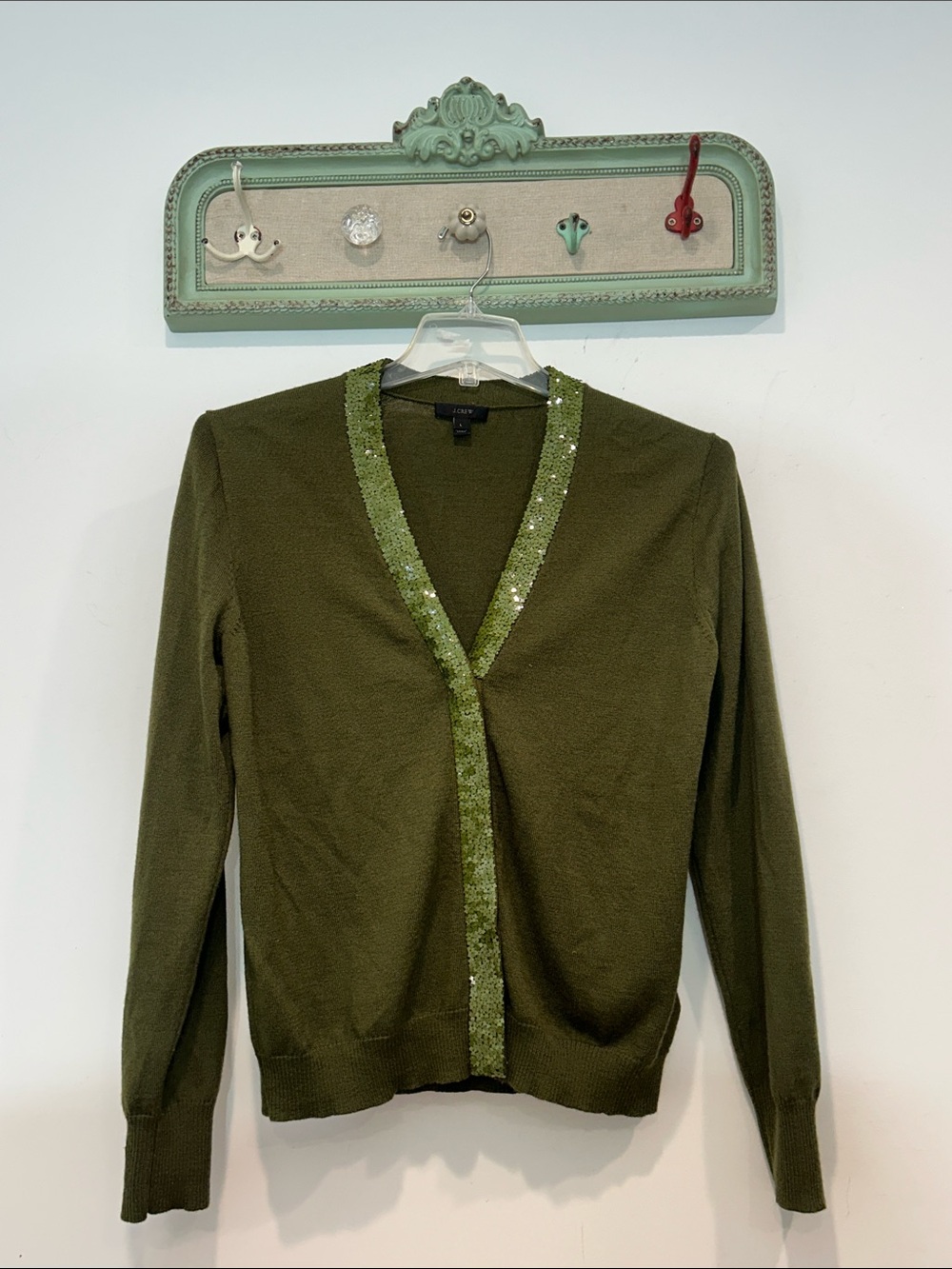 J. Crew Rare Olive Green V-Neck Sequin-Trim Cardigan merino wool women’s large